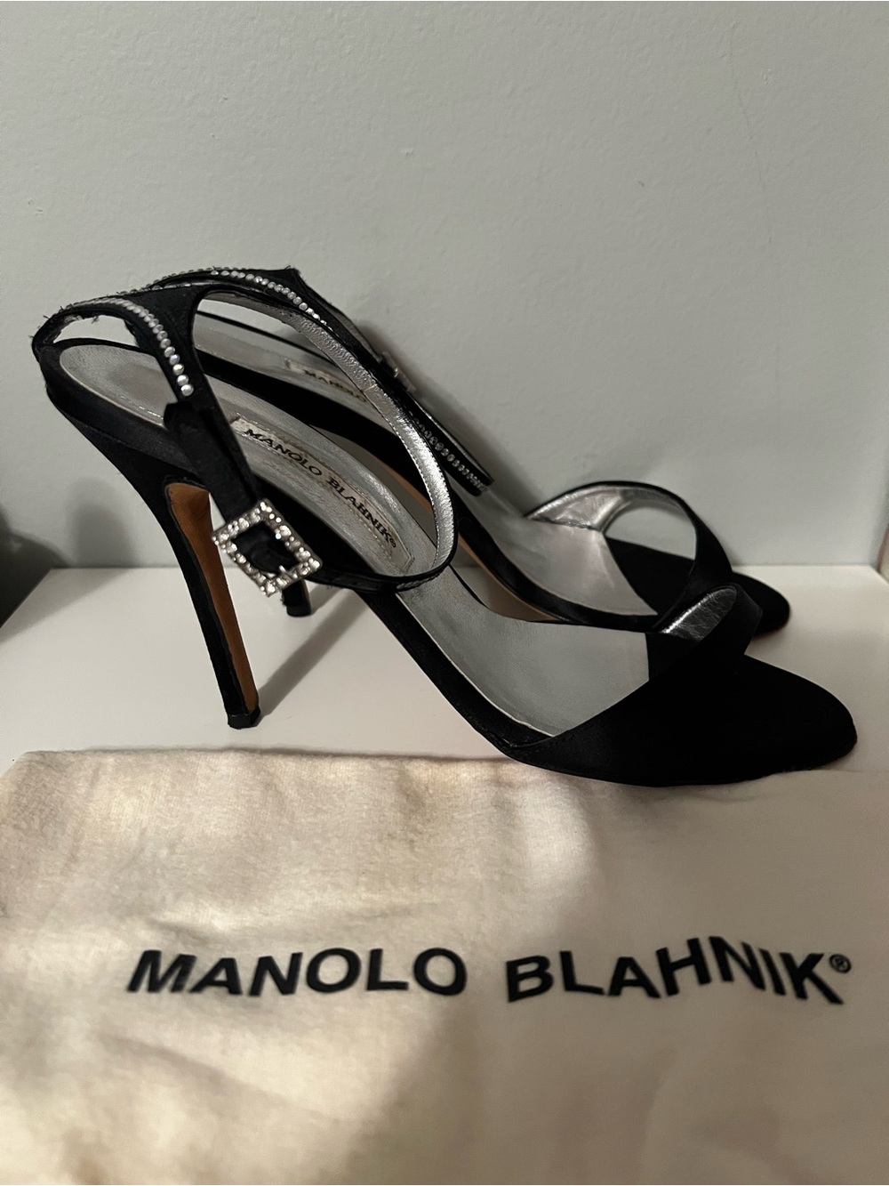 Manolo Blahnik Black Satin & Rhinestone Ankle-Strap Heels - Size 41